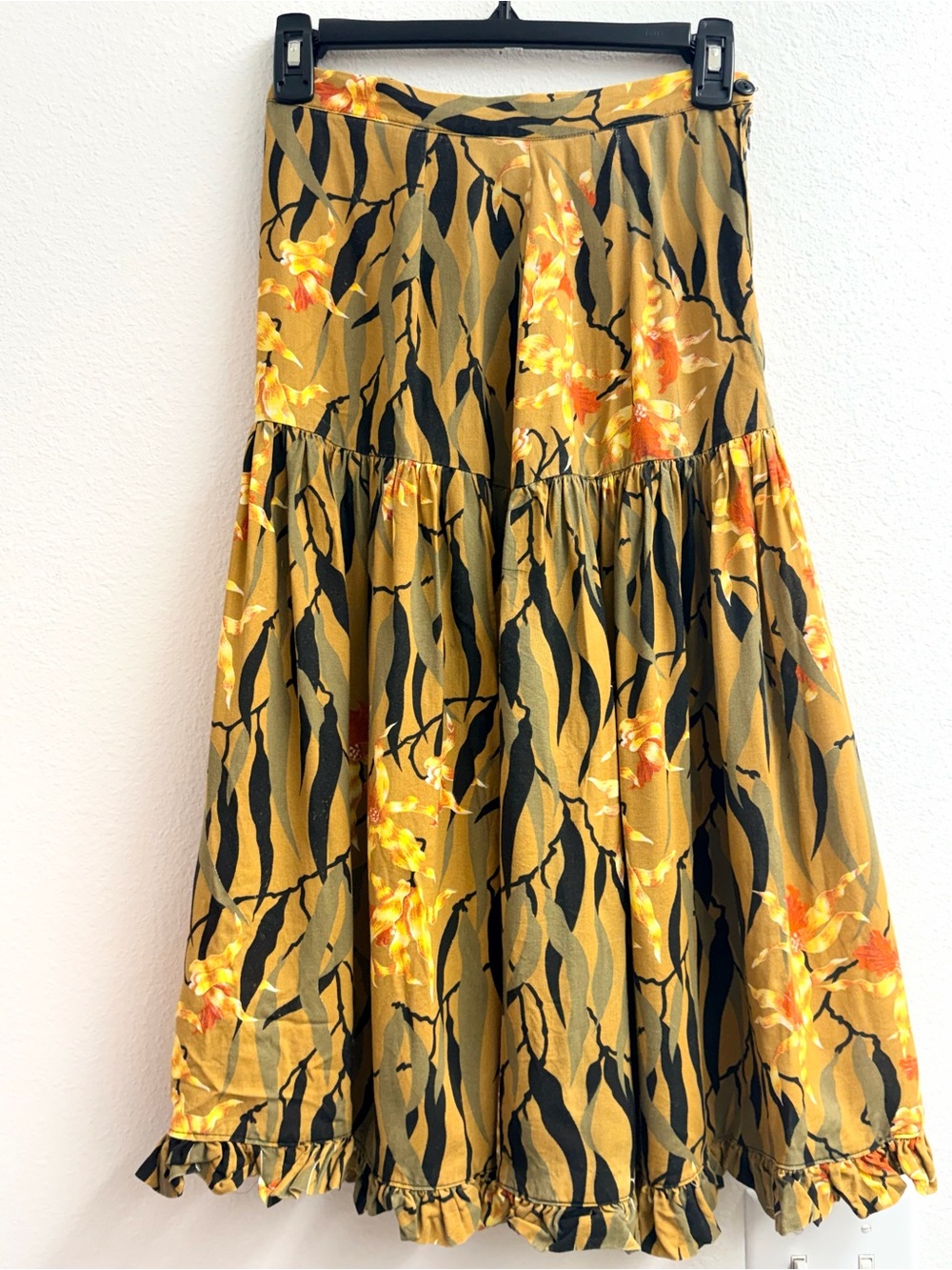 Vintage Women’s Floral Tiered Midi Skirt - Mustard Yellow size small